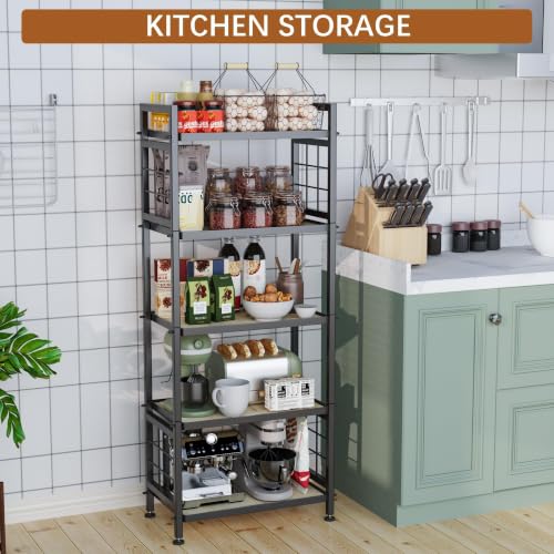 5-Tier Pantry Shelves with Wooden Boards, Heavy Duty Storage Shelves & Book Shelf, Adjustable Metal Shelving Unit for Kitchen Bathroom Laundry Organizer, Sturdy Rust-Resistant, Black - view 2