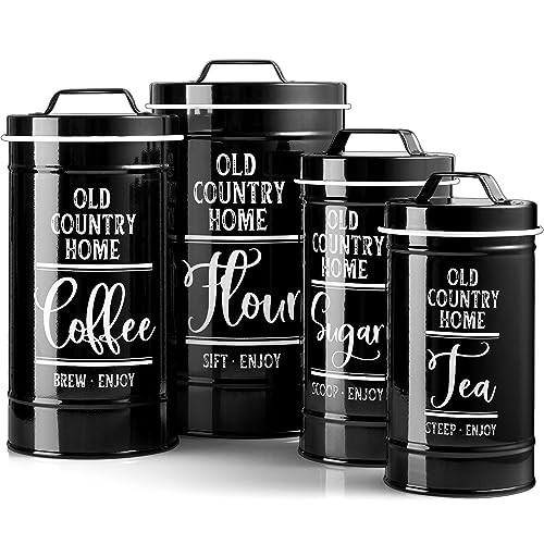 Black Canisters Sets for the Kitchen, Airtight Kitchen Canisters for Countertop, Flour and Sugar Containers, Tea Coffee Sugar Canister Set, Black Kitchen Decor and Accessories, Set of 4