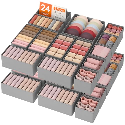 Drawer Organizer Clothes for Closet, Gray, 24 Pack