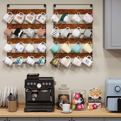 Rustic Wood Coffee Mug Rack - Wall Mount Cup Holder Shelf Storage for Kitchen, Home, Bar, Office (4 Pack, Holds 32 Mugs) - view 5