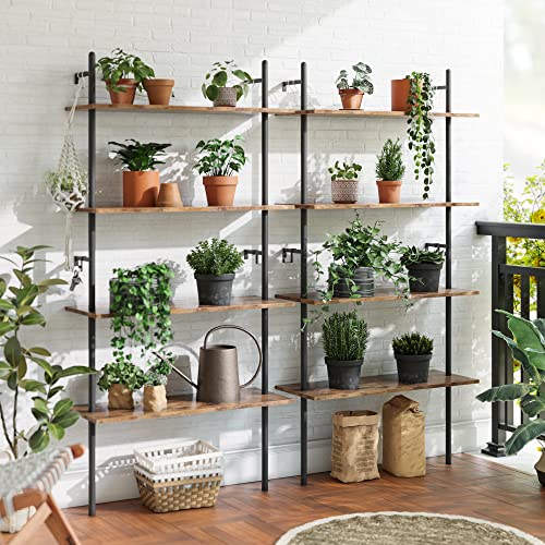 65" Industrial Wall-Mounted Ladder Shelf 4 Tier Bookshelf with Storage Organizer Plant Flower Display Stand Round Tube Bookcase Rack with 2 Hooks for Home Office,Large,Rustic Brown - view 4