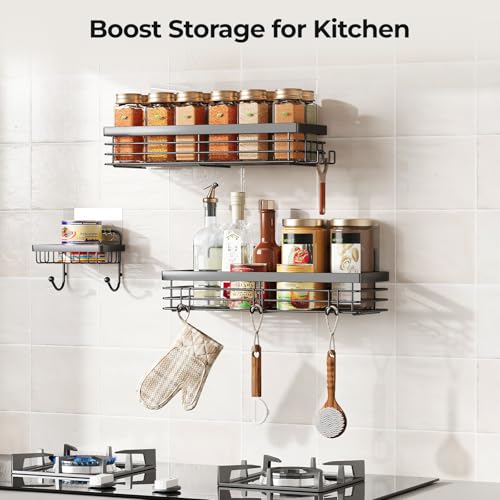Adhesive Shower Caddy Soap Dish Holder Shelf with 5 Hooks Bathroom Organizer Basket Kitchen Storage Rack Wall Mounted No Drilling Stainless Steel - 3 Pack, Black - view 6