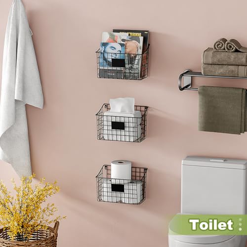 Wall Mounted Bin Basket with 5 Hooks 3 Label Plate Adhesive-3 Pack, Cabinet Hanging Metal Wire Basket,Rustic Farmhouse Decor, Storage Organization Shelf for Pantry Kitchen Bathroom 10.6*7.5*5.1inch - view 6