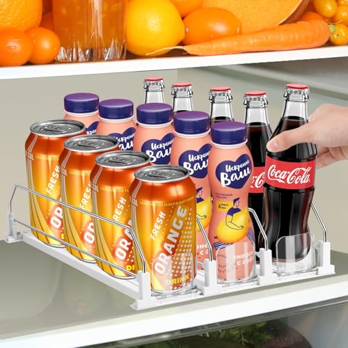 Drink Organizer for Fridge, Adjustable Width Soda Can Dispenser for Refrigerator Organizers and Storage, 3 Rows Beer Bottle Beverage Holder with Pusher Glide (14.96" D, White)