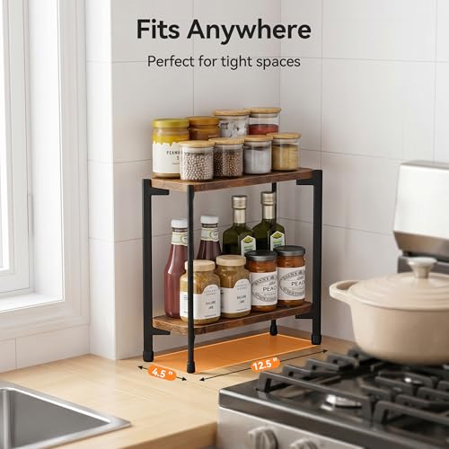 2 Tier Spice Rack Organizer for Kitchen Countertop, Wood and Metal Seasoning Shelf, Space-Saving Spice Organizer for Kitchen Counter, Coffee Bar and Dining Table, Brown - view 3