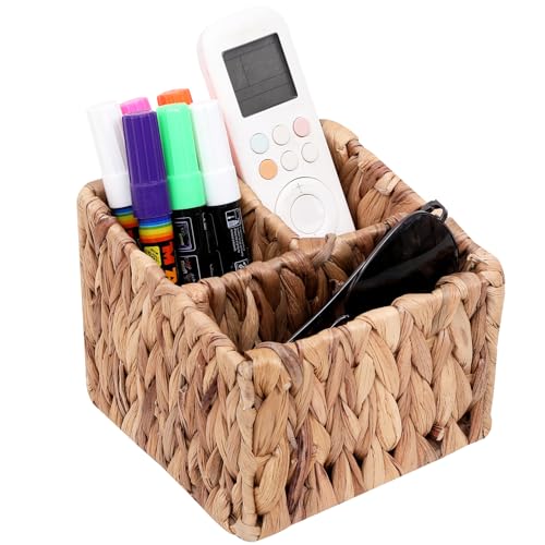 Handwoven Remote Control Holder Desk Organizer Caddy with 3 Compartments
