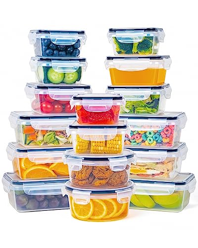 32 Piece Food Storage Container with Lids (16 Containers + 16 Lids) - Plastic Food Containers with Lid, Airtight Leak Proof Snap Lock, BPA Free Storage Containers
