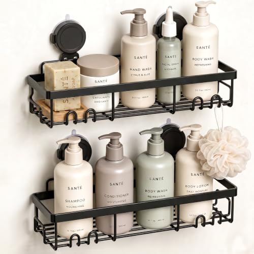 Suction Cup Shower Caddy Shelf Organizer Rack, Black Bathroom Shelves Basket, Home Farmhouse Wall Inside Organization and Storage