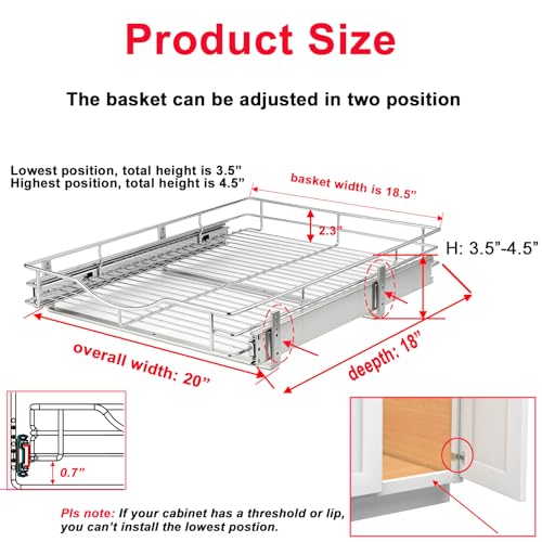 1 Tier Pull Out Cabinet Organizer (20" W x 18" D) Heavy-Duty Metal Sliding Drawer Shelf, Slide Out Wire Basket for Kitchen Cabinets, Pantry, Bathroom, Chrome Finish… - view 2