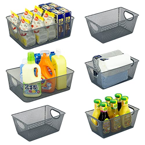 Wire Storage Baskets - 6 Pack Metal Mesh Organizers for Kitchen, Laundry, Garage, Fridge & Bathroom - Gray