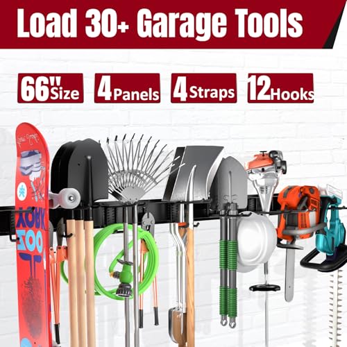 66" Garage Tool Organizer Wall Mount,20 PCS Wall Mounted Garden Tool Storage Rack Carries 720lbs, 4-Panel Steel Tool Hanger System for Shovels Rakes Brooms – Fits 16" Wall Studs - view 2