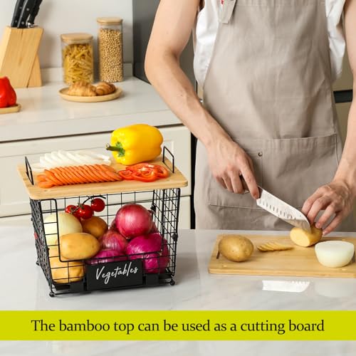 2 Set Large Stackable Wire Basket with Bamboo Tops & Tag- Pantry Organizer and Storage Bins, Kitchen Counter Cabinet Shelf Countertop Under Sink Organizing for Food Snack Produce Onion Potato Bread - view 4
