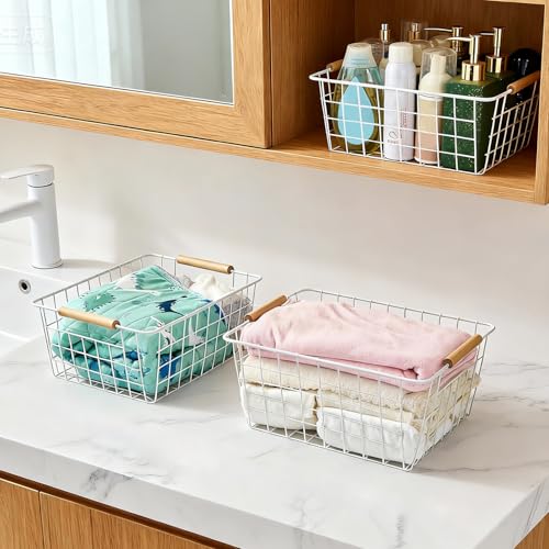 White wire baskets for organizing with Wooden Handles Storage Organizer Baskets, Household snack basket for Cabinets, Pantry, Closets, Bedrooms, pantry organizers and storage - Set of 2（White） - view 7