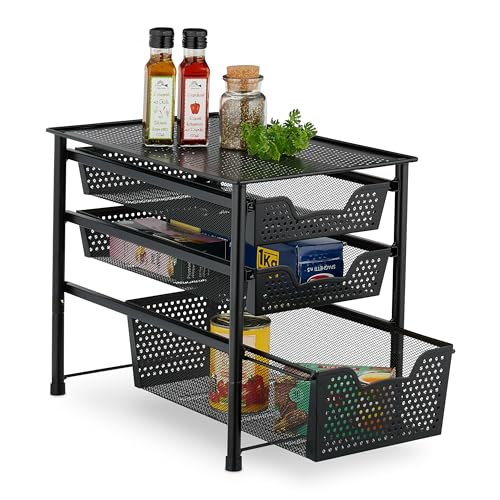 Drawer Shelf, Stackable Office Organiser, 3 Pull-Out Baskets, Metal, Kitchen, Bathroom, HBT: 35 x 28 x 42.5 cm, Black
