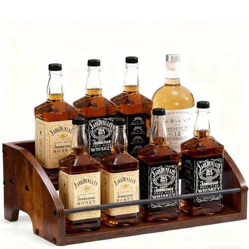 Wooden Liquor Bottle Display Shelf, 2 Tier Countertop Liquor Wine Rack, Coffee Syrup Rack Organizer, Mini Bar Home Retro Bar Shelves Stand for Bourbon Whiskey, Spirits, Alcohol Storage