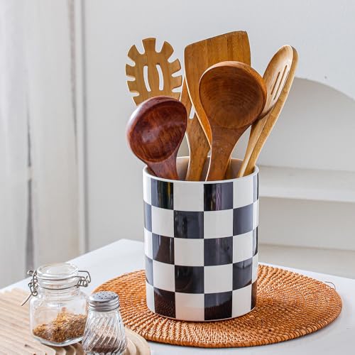 Kitchen Utensil Holder, 6.3 Inch Checkered Ceramic Cooking Utensil Holder Modern Utensil Crocks for Kitchen Counter-Farmhouse, Housewarming Gift, Decor and Accessories (Black, 6.3 Inch) - view 2