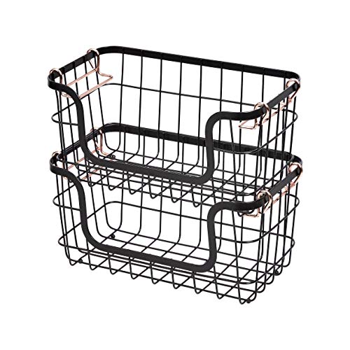 Stackable Metal Wire Rectangular Storage Baskets for Kitchen, Bathroom or Pantry Organizing, 2 Count, Black