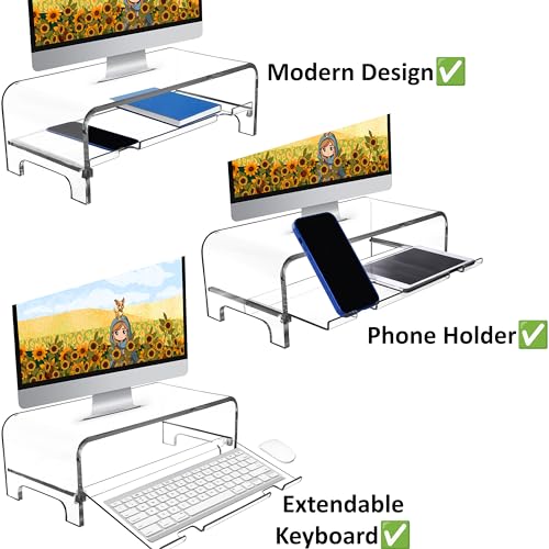 2 Tier 5.7 Inch High Acrylic Laptop Monitor Stand & Computer Riser with Cat Keyboard Protector, Space-Saving Design, Extra Storage, Clear Shelf - Ideal for Monitors, Laptops, Printers, Desktop - view 3