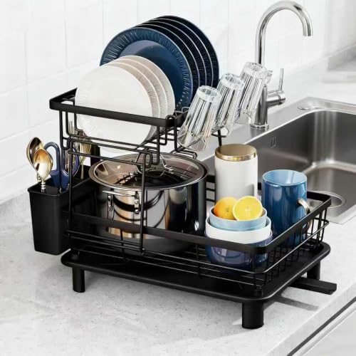 Space Saving 2 Tier Dish Drying Rack for Small Counter,Compact Kitchen Organizer with Drain Tray,Foldable Plate Rack and Cup Holder(Black)