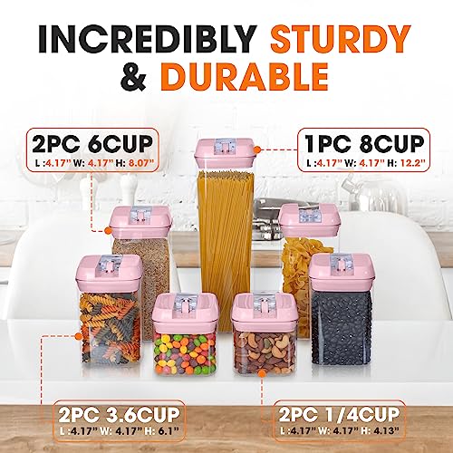 Stackable Airtight Food Storage Containers - BPA Free Plastic Food Organizer for Pantry with Dry Erase Marker and Labels, Pink (Set of 7) - view 4