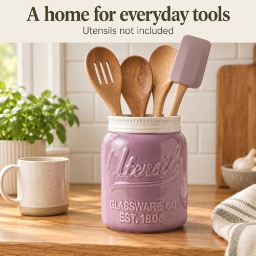 Purple Mason Jar Utensil Holder – Wide Mouth Ceramic – Farmhouse - view 2