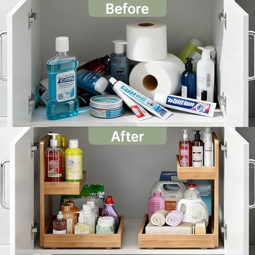 Bamboo Undersink Organizer Storage - 2-Tier Cabinet Shelf with Adjustable Levels, Under Sink Storage Slide Out for Cabinet Pantry Kitchen Bathroom (Natural, 1 Pack) - view 5