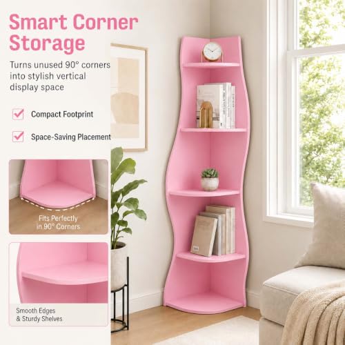 5-Tier Wavy Corner Shelf with Curvy Shape for Small Space, Pink - view 5