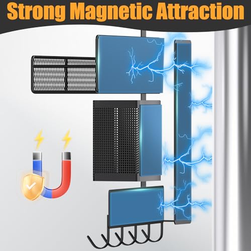 Magnetic Spice Rack for Refrigerator, 7 Pack Metal Shelf Black, Moveable Organizer with Hook Rack, Paper Towel Holder, Kitchenware Strong Storage Fridge - view 3