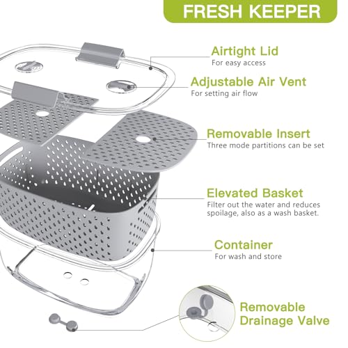 Fresh Produce Vegetable Fruit Storage Containers 3Piece Set, BPA-free Fridge Storage Container, Partitioned Salad Container, Fridge Organizers, Used in Storing Fruits Vegetables, Gray - view 5