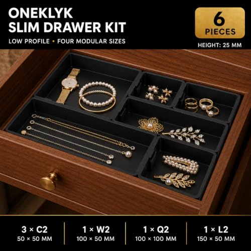 Modular Interlocking Storage Organizer System, Stackable Bins and Starter Kits (6, BLACK, Slim Drawer Organizer) - view 2
