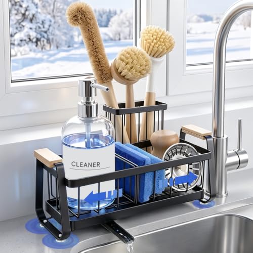 Sponge Holder for Kitchen Sink Organizer Caddy with Dish Brush Holder, 304 Stainless Steel Self-Draining & Rustproof Sink Caddy for Sponge & Soap Dispenser & Scrubber Kitchen Accessories