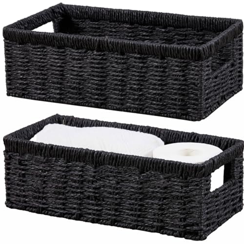 Wicker Storage Basket, Paper Rope Wicker Baskets with Handles, Toilet Paper Basket for Toilet Tank Top, Small Wicke Baskets for Organizing Shelves, 2-Pack, Black