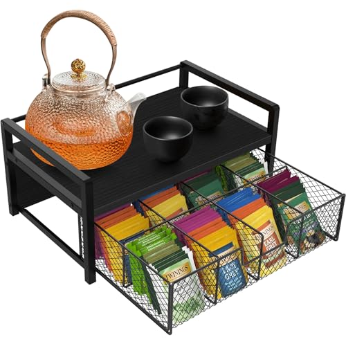 Wood Tea Bag Organizer, Teabag Holder with Drawer, Tea Organizers and Storage Box, 8 Compartments Tea Caddy Station Chests Display Container for Counter Kitchen, Black