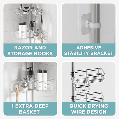 Tension Pole Shower Caddy Corner Organizer, Adjustable Standing Shower Caddy with 4 L-shaped Baskets and Hooks, Rust Resistant Bathroom Tension Rod Organizer, 60 to 97 Inch, Satin Nickel - view 6