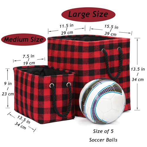 Large Rectangular Foldable Storage Laundry Baskets with Cotton Rope Handles Nursery Soft Felt Fabric Bins Delicate Home Organizer Solution, Red Black Grid, L - view 3