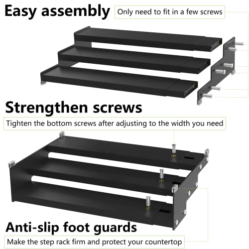 Spice Rack Organizer 3 Tier Expandable Display Shelf(12.8"-24.01" W) Non-Skid Heavy Duty Sturdy Metal Iron Alloy Steel Step Racks 1 Pack/Black - view 6
