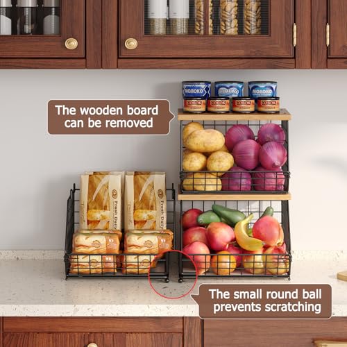 2 Set Stackable Wire Basket with Wooden Tops & Pad for kitchen organizers and storage, XXL Kitchen Counter Organizer for Fruit, Vegetable, Bread, Potato and Onion Storage Bin - view 4
