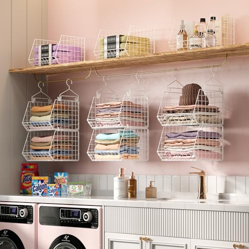 6 Tier Closet Hanging Organizer, Clothes Hanging Shelves with 4 Hanging Hooks 5 S Hooks, Wire Storage Basket Bins, for Clothing Sweaters Shoes Handbags Clutches Accessories Patent - view 2
