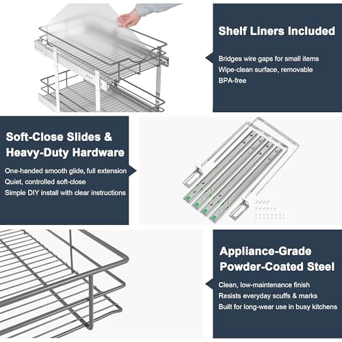 2 Tier Pull Out Cabinet Organizer - 8" W x 22" D Soft Close Slide Out Shelves with Shelf Liners - Pullout Drawers for Kitchen Cabinets, Pantry, Bathroom, Heavy Duty Steel Wire Baskets - view 4