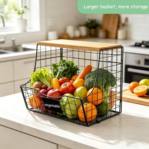 3 Pack wire Fruit Basket for Kitchen with Wood Lid - Counter&Wall Mounted Onion and Potato Storage with Nameplate, Hanging Baskets for Vegetable,11.81 * 10.63 * 8.66 Inch - view 2