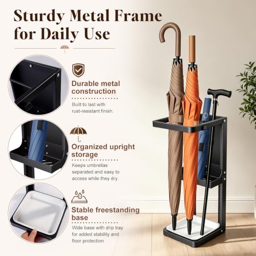 Umbrella Stand for Entryway, Sturdy Metal Umbrella Holder Indoor with Removable Drip Tray, Small Umbrella Rack for Long and Compact Umbrellas, Black Umbrella Storage Stand for Home Office - view 3