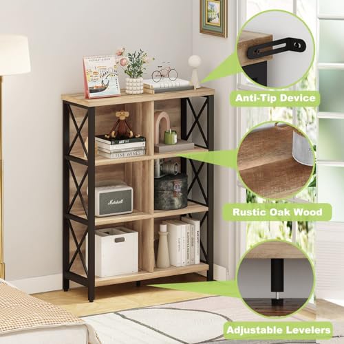 Bookcase and Bookshelf, Rustic 6 Cube Storage Organizer Shelf, Industrial 4 Tier Wood and Metal Cubby Book Shelf for Living Room, Bedroom, Kitchen, Entryway (Rustic Oak) - view 6