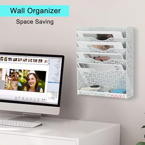 Desk File Organizer Heavy Duty Metal Wall Mount File Holder 5 Tier Mail Paper Folder Holder with Bottom Tray for Office Home Cubicle Countertop, White - view 5