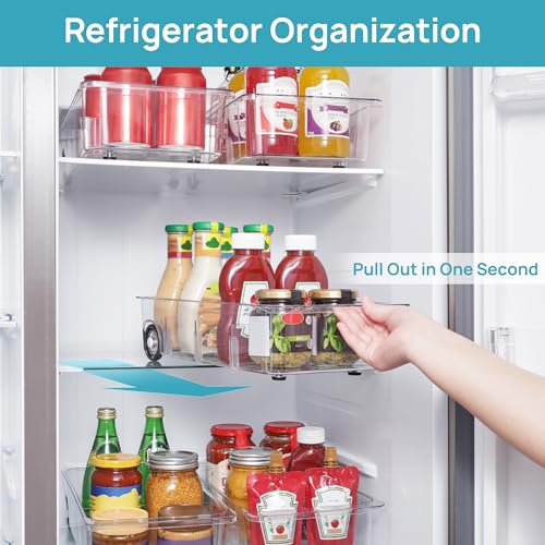 Fridge Organizer Bins on Wheels, Clear Roll Out Drawer Refrigerator Organizing Caddy with Dividers, Thick Plastic Storage Bins for Pantry, Kitchen, Cabinet etc - view 5