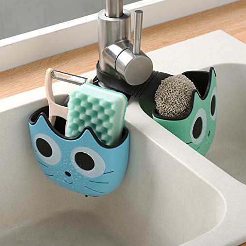 2 PACK Cat Sponge Holder Basket with Buckle,Sink Faucet Caddy Hanging Drain Rack, Gadget Soap Brush Desk Pen Organizer for Kitchen Bathroom,Green Blue
