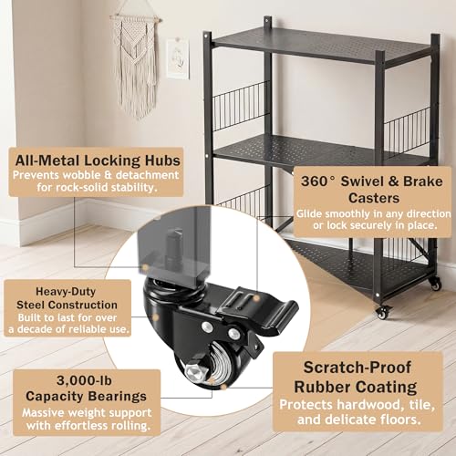 Folding Storage Shelves No Assembly, 3 Tier Metal Foldable Shelves with Wheels, Collapsible Rolling Storage Rack for Laundry Room Garage Small Spaces, Black - view 5