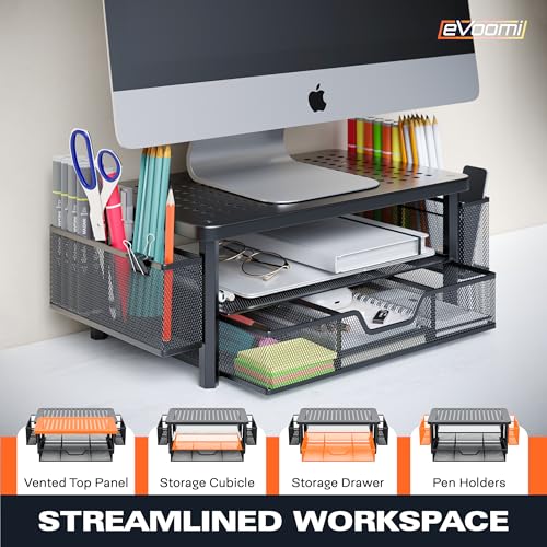 FlowMax Ergonomic Desk organizer Computer Monitor Stand -Improved XL Desk Drawer, File Paper Pencil Holders - Pro Posture Eye-Level Tension Relief - Anti-Slip Home Office Supplies Storage Stand for Laptop Monitor or Printer - view 2