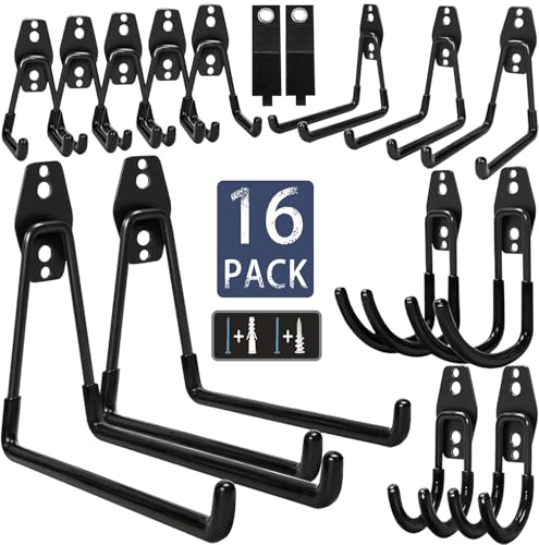 Steel Garage Storage Hooks-16 Pack Black Heavy Duty Wall Mount Hooks