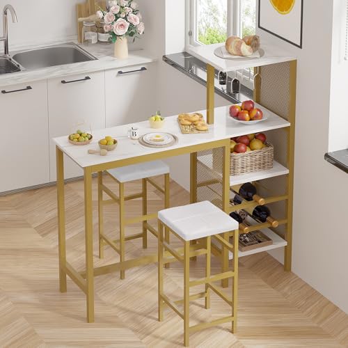 Bar Table and Chairs Set for 2, Tall Kitchen Counter Dining with Storage Shelves, Cup Holder & Wine Rack, PU Leather Cushion Stools - Small Space Solution, Gold