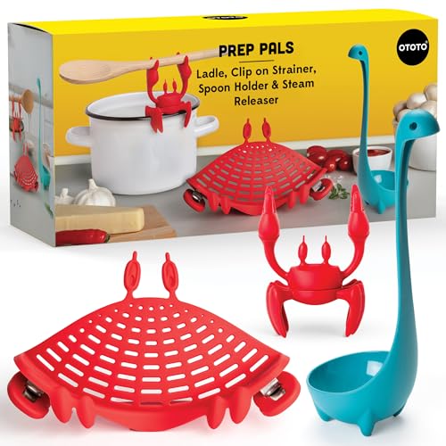 Prep Pals Bundle of Red the Crab, Nessie, Crabby - Cute Kitchen Accessories, Kitchen Gadgets, Spoon Rest for Stove Top, Soup Ladle, Pasta Strainer, Funny Unique Gifts, Cooking Gifts